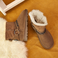 Tiauny 2018新款韩国范金属链牛皮羊毛短靴圆头平底冬女靴加绒保暖雪地鞋W37