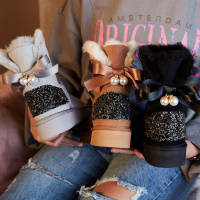 Tiauny 2018年新款冬季靴子羊皮毛一体圆头雪地靴美亮片绑带短靴雪地靴MK818