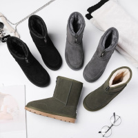 Tiauny 磨砂牛皮雪地靴女2018冬季新款真皮短靴加绒保暖皮带扣棉鞋厚底A8809