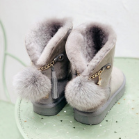 Tiauny 2018新款冬季真皮雪地靴女流苏毛球羊皮毛一体平跟韩版短靴子MK1855