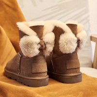 Tiauny 2018冬季新款羊皮毛一体雪地靴女防滑蝴蝶结真皮加厚保暖短筒短靴W32