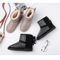 Tiauny 水钻雪地靴女2018秋冬新款韩版真皮牛皮圆头后蝴蝶结加绒保暖短靴A8805