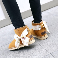 Tiauny 加厚2018冬季新款蝴蝶结雪地靴女真皮短靴中筒保暖防滑平底棉靴Y999