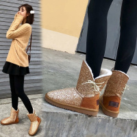 Tiauny 2018新款拼色羊皮毛一体雪地靴女真皮亮片厚底加绒保暖中筒靴Y2-666