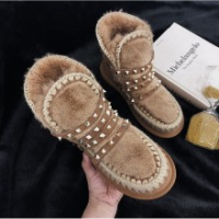 Tiauny 棕色铆钉雪地靴女18冬靴羊毛大棉拼色厚底保暖加厚内增高毛毛靴子D09