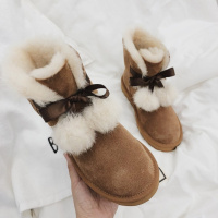 Tiauny 新款雪地靴女短筒真皮毛球短靴冬季加绒加厚保暖棉鞋女D07