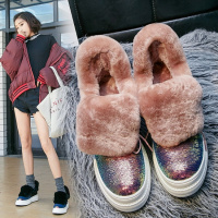 Tiauny 松糕厚底雪地靴女2018韩版系带加绒保暖东靴百搭休闲亮片真皮短靴c3021