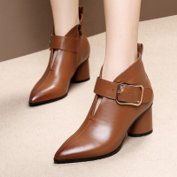 Tiauny 全牛皮 性感V口及踝靴高跟2018秋冬尖头真皮短靴皮带扣马丁靴粗跟05-6