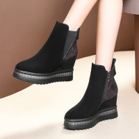 Tiauny 欧洲站2018秋冬新款女靴真皮厚底坡跟短靴女高跟羊翻皮厚底马丁靴17-3