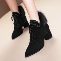 Tiauny 2018秋冬新款尖头粗跟貂毛短靴女高跟鞋毛毛靴真皮女靴05-8