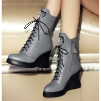 Tiauny 秋冬季女靴子坡跟牛皮英伦风学生棉鞋韩版百搭ins短筒网红短靴冬09-2