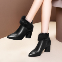 Tiauny 2018冬季新款时尚女鞋加绒保暖显瘦英伦风中跟高跟鞋马丁靴短筒绒B05-7