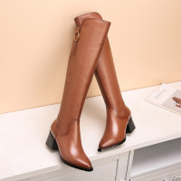 Tiauny 高筒靴女粗跟真皮头层牛皮2018新款尖头显瘦韩版百搭不过膝长靴女332