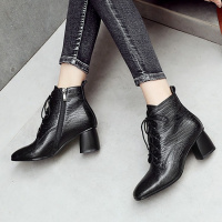 Tiauny 2018圆头高跟鞋女短靴粗跟真皮秋冬季新款系带马丁靴加绒棉女靴子12-5