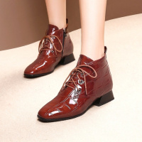 Tiauny 方头短靴女粗跟2018新款舒适漆皮复古加绒英伦裸靴百搭中跟靴子03-2