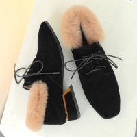 Tiauny 欧洲站短靴女2018新款尖头兔毛高跟鞋女冬细跟性感裸靴系带马丁靴A10