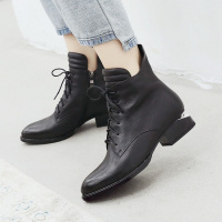 Tiauny 2018加绒马丁靴女短靴高跟尖头粗跟单靴冬新款真皮系带女靴子02-2