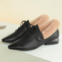 Tiauny 2018冬季英伦风真皮高帮女鞋平跟尖头系带加绒獭兔毛百搭精品单鞋9665