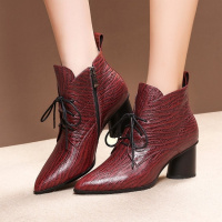 Tiauny 2018秋冬新款羊皮马丁靴尖头高跟单靴前系带时尚女短靴05-2