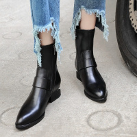 Tiauny 欧洲站新款尖头低跟真皮短靴女纯色橡胶底弹力大码潮牛皮单靴02-7