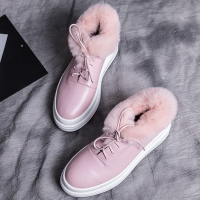 Tiauny 毛毛鞋女2018新款冬季懒兔毛保暖加绒米白色女鞋平底真皮厚底短靴3006-4