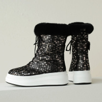 Tiauny 全皮全牛皮厚底雪地靴女真2018新款冬加厚加绒保暖黑色前拉链短靴822-3