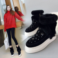 Tiauny 欧洲站新款磨砂真皮厚底短筒雪地靴女2018冬季水钻兔毛加绒棉靴潮808-16