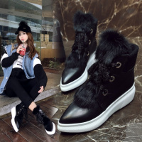 Tiauny 冬季真皮女靴松糕厚底棉靴前系带毛线雪地靴厚毛品质L8-19