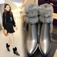 Tiauny 兔毛短靴女2018冬季新款加绒真皮棉鞋短筒韩版雪地靴女尖头潮L065