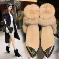 Tiauny 2018新款欧洲站保暖舒适兔毛真皮低跟时尚雪地靴女粗跟款短靴女鞋L382-33