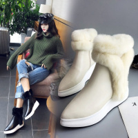 Tiauny 皮面雪地靴加厚底女2018新款防水兔毛短靴户外保暖马丁靴子米白色130-8