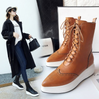 Tiauny 英伦2018秋冬季新款真皮坡跟短靴女百搭厚底尖头系带裸靴布洛克潮113-27