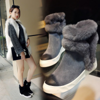 Tiauny 秋冬新款兔毛雪地靴真皮圆头厚底坡跟短靴灰色拉链中跟短筒女靴子L070