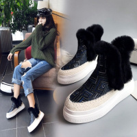 Tiauny 2018新款秋冬季真皮平底雪地靴女靴子松糕加厚底短靴女鞋兔毛加绒808-18