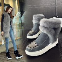 Tiauny 冬季新款松糕短靴女铆钉平底雪地靴真皮加绒厚底兔毛女靴保暖棉靴114-88