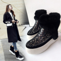 Tiauny 冬季新款真皮兔毛厚底短筒雪地靴女2018加绒棉靴韩版百搭松糕短靴471-18