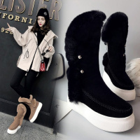 Tiauny 冬季休闲百搭真皮中筒靴子女2018新款兔毛加绒厚底雪地靴潮L05-27