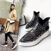 Tiauny 欧洲站2018秋冬季新款真皮坡跟短靴女百搭厚底尖头时尚女士靴113-35