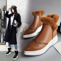 Tiauny 2018冬季新款兔毛厚底雪地靴女真皮尖头坡跟加绒棉鞋棕色雕花短靴860-11