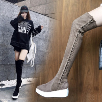 Tiauny 厚底松糕长靴女过膝靴增高筒靴显瘦长筒靴2018新款系带瘦腿弹力靴118-56