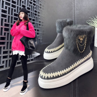 Tiauny 韩版2018秋冬新款真皮厚底圆头雪地靴女棉靴百搭平底兔毛加绒短靴808-13