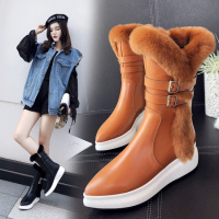 Tiauny 秋冬季真皮平底雪地靴女靴子女鞋子棉鞋兔毛松糕厚底短靴130-01