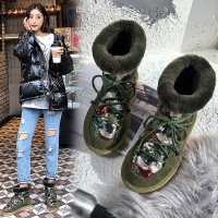 Tiauny 2018冬季新款欧美风印花真皮羊毛亮片内增高雪地靴女平底短靴子9232