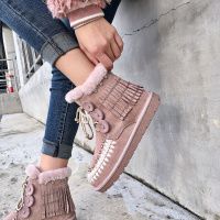 Tiauny 水钻流苏短筒雪地靴真皮毛一体女棉靴子平底大码女靴41-43冬新款9233