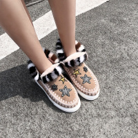 Tiauny 真皮时尚雪地靴冬季新款貂毛拼色平底短筒靴羊毛休闲9216