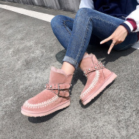 Tiauny 新款羊皮毛一体雪地靴女中筒加厚棉鞋铆钉短筒短靴9212