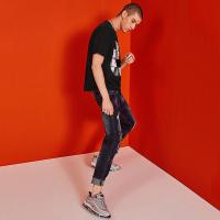 海德斯曼2727新款欧美嘻哈短袖T恤男宽松圆领 格子印花体恤潮2727