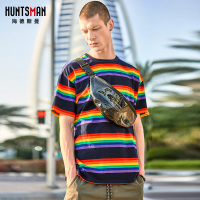 海德斯曼夏季彩虹条纹ulzzang短袖T恤男 百搭bf情侣装T恤潮20227