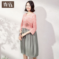 休闲针织中裙秋冬装宽松拼接七分袖假两件圆领连衣裙女-617046