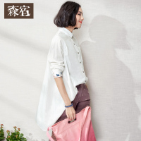 宽松刺绣女士衬衣春秋装棉麻长袖文艺范白衬衫女中长款-614014